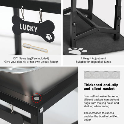 2 Gallon Elevated Large Dog Water Bowl, 4 Adjustable Height 10.5-15.8'' Raised Stainless Steel Bowl Stand with Anti-Slip Mat for Large Breed, Metal Dog Feeding Station for Relief Joint Pressure