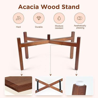 SPUNKYJUNKY Ceramic Dog Bowls with Acacia Wood Stand Raised Food and Water Bowl for Lage Dogs (21cm)