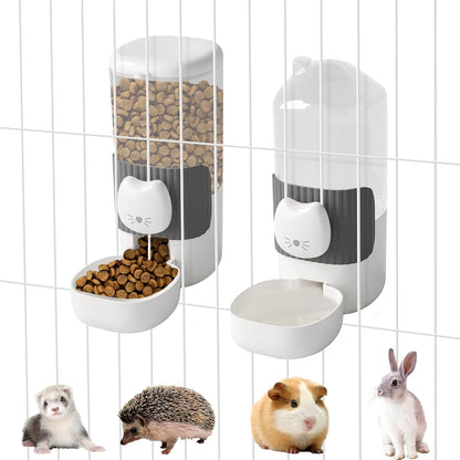 Rabbit Automatic Food Feeder and Water Dispenser Bunny Gravity Feeding Station Waterer Set Hanging Self-Dispensing Feeder for Ferret,Guinea Pigs Chinchillas Hedgehog (Grey)