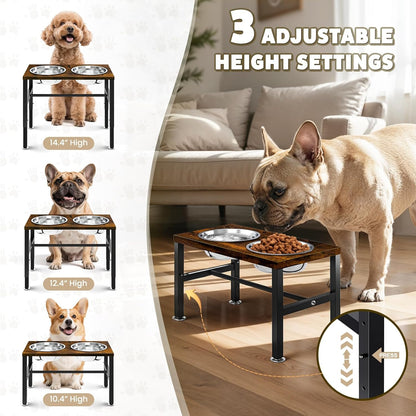 Elevated Dog Bowls, 3 Height Adjustable Raised Dog Water Food Bowl Wooden Metal Stand, 42OZ-Stainless Steel Bowls for Medium Small Dogs