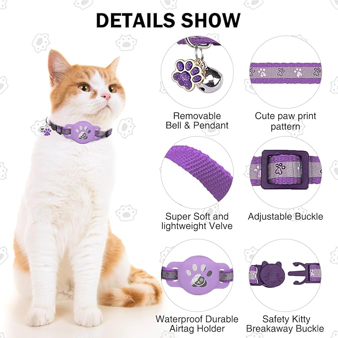 Airtag Cat Collar Breakaway, Reflective Kitten Collar with Bell and Apple Air Tag Holder, GPS Cute Cat Collar, Glow in The Dark Pet Collars for Boy Girl Cats, Kittens, Puppies, Purple