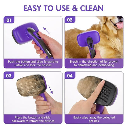 Dog Brush Kit – 3 PCS Grooming Set with Self-Cleaning Brush, Undercoat Rake & Pet Bath Brush. Great for Shedding, Tangles & Dirt Removal – Ideal for Long & Short Haired Dogs & Cats, Purple
