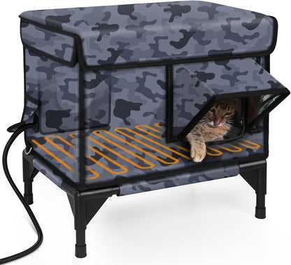Premium Heated Cat House for Outside Cats, 100% Weatherproof & Windproof Escape Door, Elevated Base, Winter Insulated Feral Stray Outdoor Cat Shelter with Heater
