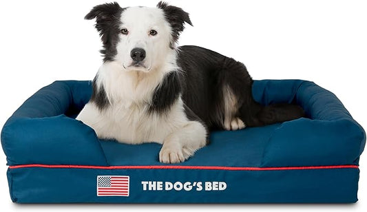 The Dog’s Bed, Large Blue Oxford with Red Trim USA Flag Dog Bed Memory Foam, Pain Relief: Arthritis, Post Surgery, Lameness, Supportive, Calming, Waterproof Washable Cover