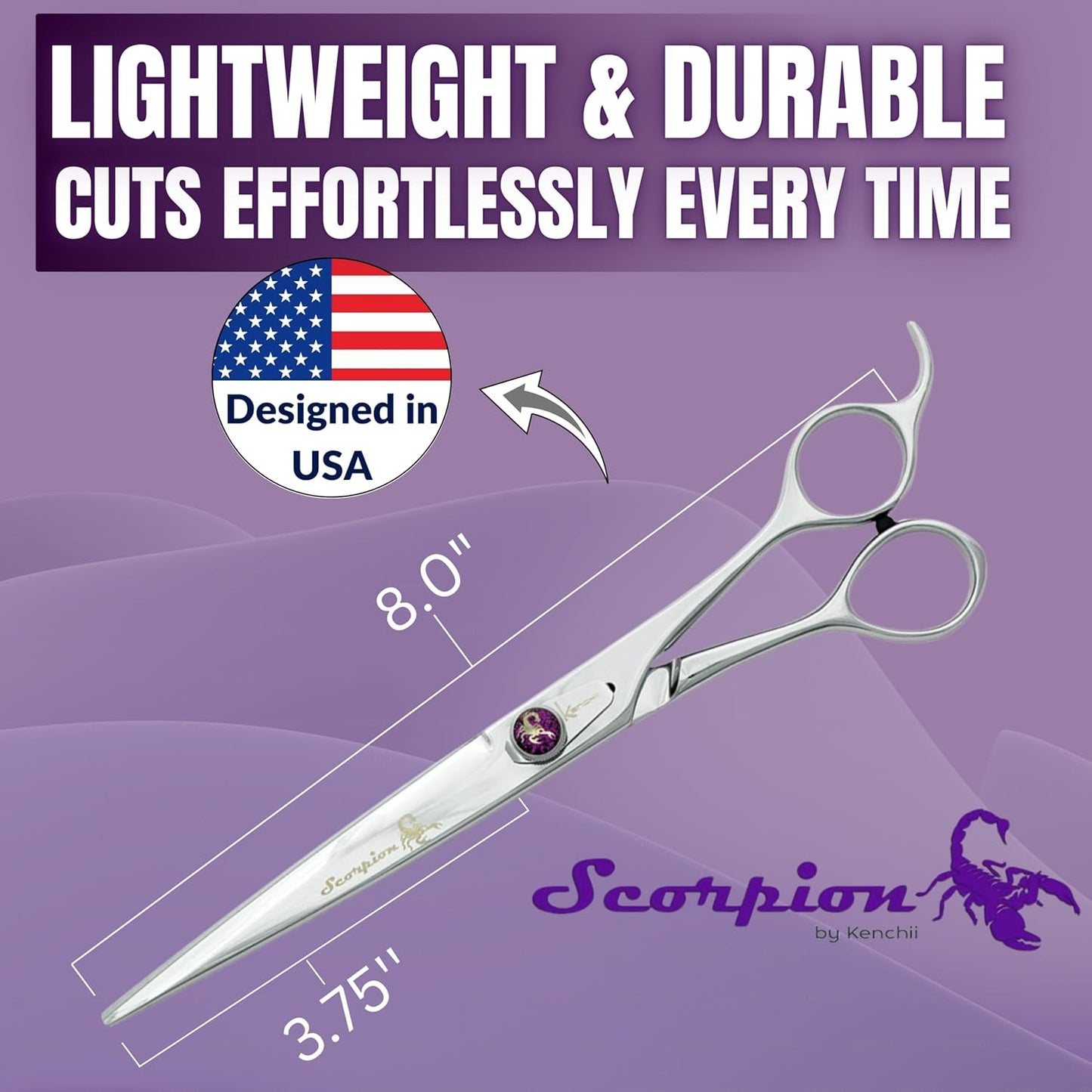 Kenchii Scorpion 8 Inch, Straight Grooming Scissors for Dogs and Pets - Premium Steel Scissors for Dog Grooming - Dog Shears Pet Grooming Accessories - Pet Hair Trimming Scissor