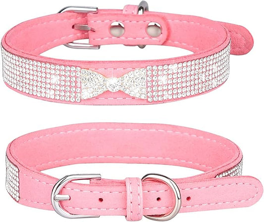 Rhinestone Dog Collar, Cute Dazzling Sparkling Soft Suede Leather Adjustable Pet Dog Cat Collar Crystal Diamond for Puppy Small Medium Large Dogs (XS:21-26cm, Pink-3)