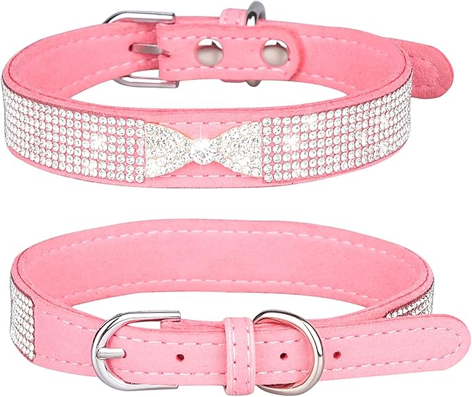 Rhinestone Dog Collar, Cute Dazzling Sparkling Soft Suede Leather Adjustable Pet Dog Cat Collar Crystal Diamond for Puppy Small Medium Large Dogs (M:32-38cm, Pink-3)