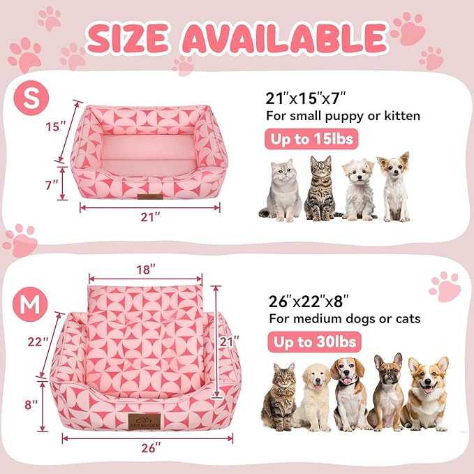 Rectangle Cat Dog Bed for Large Medium Small Pets Indoor Outdoor Machine Washable Sleeping Sofa Non-Slip Bottom Soft Puppy Bed Durable Orthopedic Calming Pet Cuddler (Medium, Pink Pattern)