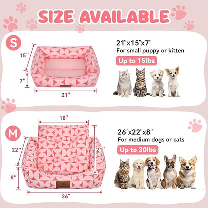 Rectangle Cat Dog Bed for Large Medium Small Pets Indoor Outdoor Machine Washable Sleeping Sofa Non-Slip Bottom Soft Puppy Bed Durable Orthopedic Calming Pet Cuddler (Small, Pink Pattern)