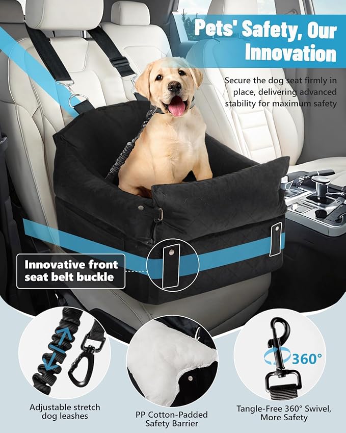 EASTBLUE Dog Car Seat for Small Medium Dogs Up to 35 lbs, 2 Memory Foam Pads Dog Booster Car Seat with Seatbelt, Washable Pet Carseat for Puppy & Cat, Dogs Travel Bed for Cars (Black)