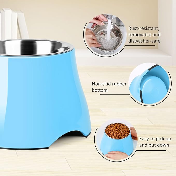 Dog Bowls,Cone Friendly Non Slip Single Dog Bowl with Stainless Steel Inner, Raised Bowls for Small Dogs Spaniel Dogs Long Ear, High Capacity, M/2 Cup Aqua Blue