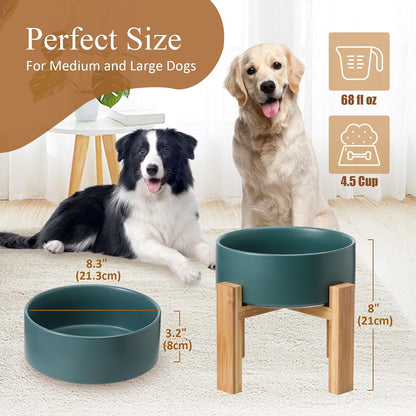 Raised Ceramic Large Dog Bowl - Heavy Weighted Dog Dish with Bamboo Stand - Elevated for Comfortable Feeding - 8.3" W x 8" H - 4.5 Cups (68 fl oz) - Green