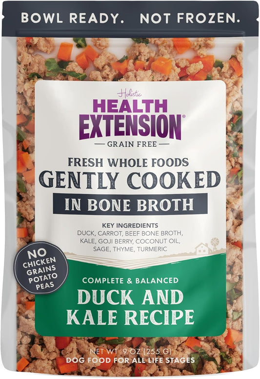 Health Extension Gently Cooked Grain-Free Duck & Kale Dog Food, Human-Grade & Shelf-Stable with Superfoods, Supports Digestion, Immunity, Skin & Coat, 9 oz Pouch (Pack of 1)