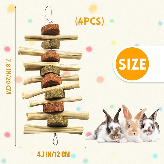 kathson 4 Pcs Bunny Chew Toys for Teeth,Rabbit Hanging Chew Toy Grinding Natural Sweet Bamboo Sticks with Timothy Hay Grass and Carrot Cake for Improve Rodent Small Animals Dental Health