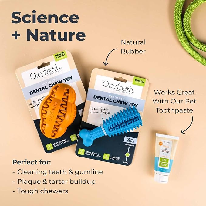 Oxyfresh Dog Dental Chew Toy - Best Durable Rubber Dog Toy & Puppy Teething Toy - Helps Remove Plaque, Cleans Teeth & Freshens Breath Without Brushing (Small) (Pack of 2)