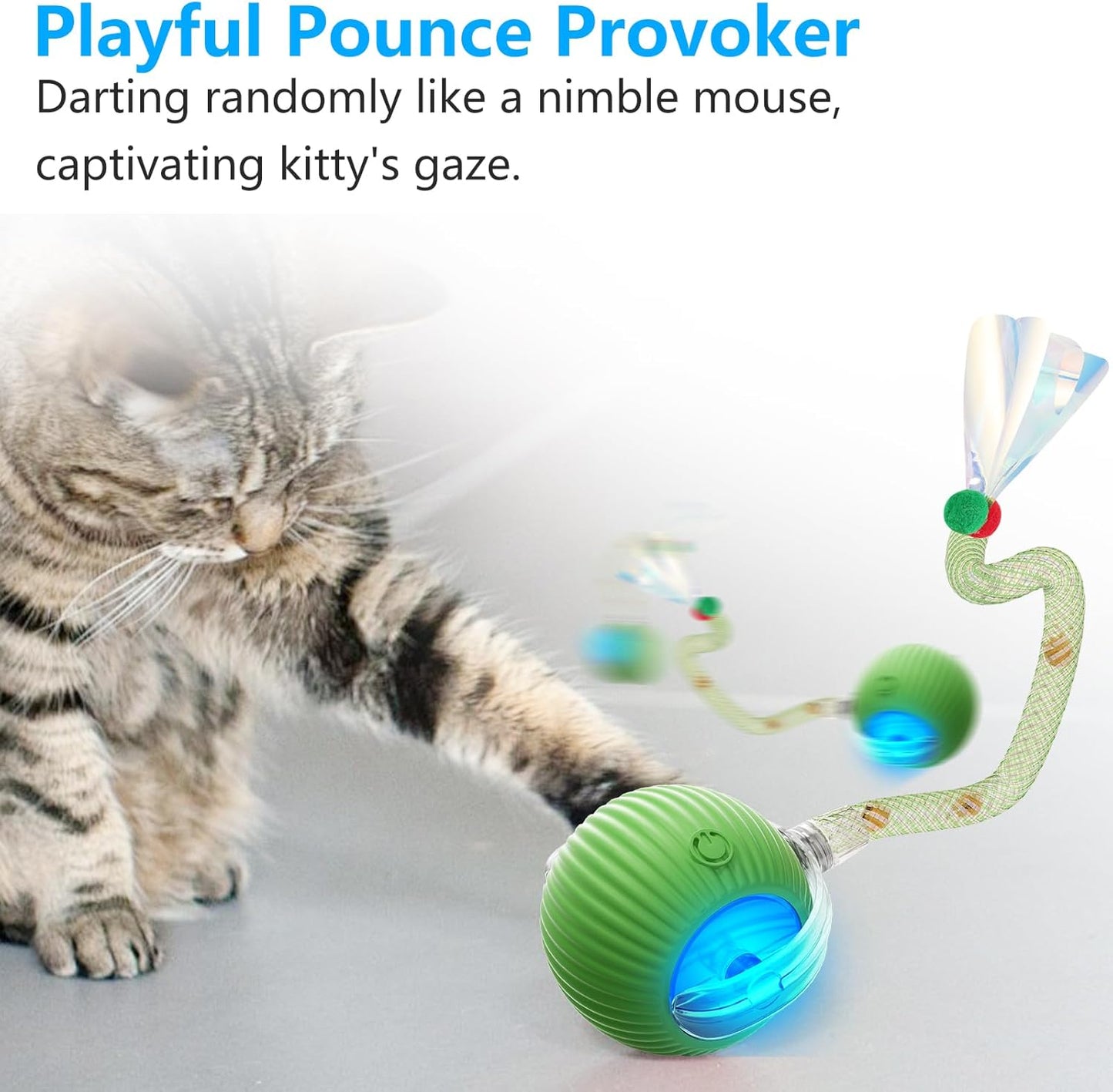 2Packs Interactive Cat Toys for Indoor Cats, Interactive Cat Ball Toy with Elastic Mesh Tail, Automatic Cat/Kitten Toys with Chirping & Motion Activate, Cat Toys for Bored Indoor (Yellow+Green)
