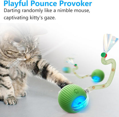 2Packs Interactive Cat Toys for Indoor Cats, Interactive Cat Ball Toy with Elastic Mesh Tail, Automatic Cat/Kitten Toys with Chirping & Motion Activate, Cat Toys for Bored Indoor (Yellow+Green)