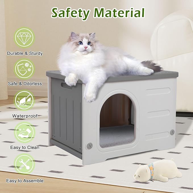 Waterproof Cat House for Outdoor Cats, Plastic Feral Cat House with Escape Door and Soft Mat, Large Indoor Cat House for Mutiple Cats - Grey