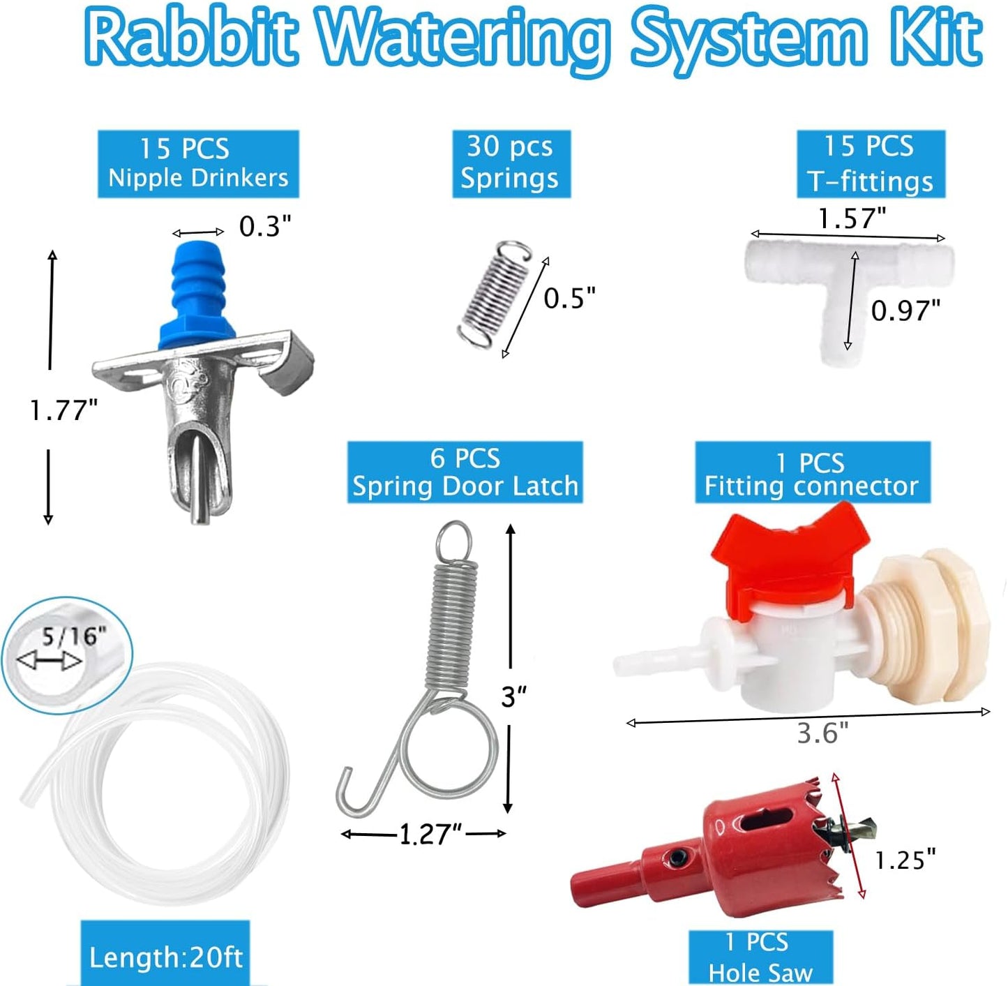 Automatic Rabbit Watering System Kit Include 15 Nipple Drinker Feeders, 20ft Hose, Watering System Bucket Connector, Hole Opener, 6 Spring Latches for Rabbit Cage Doors