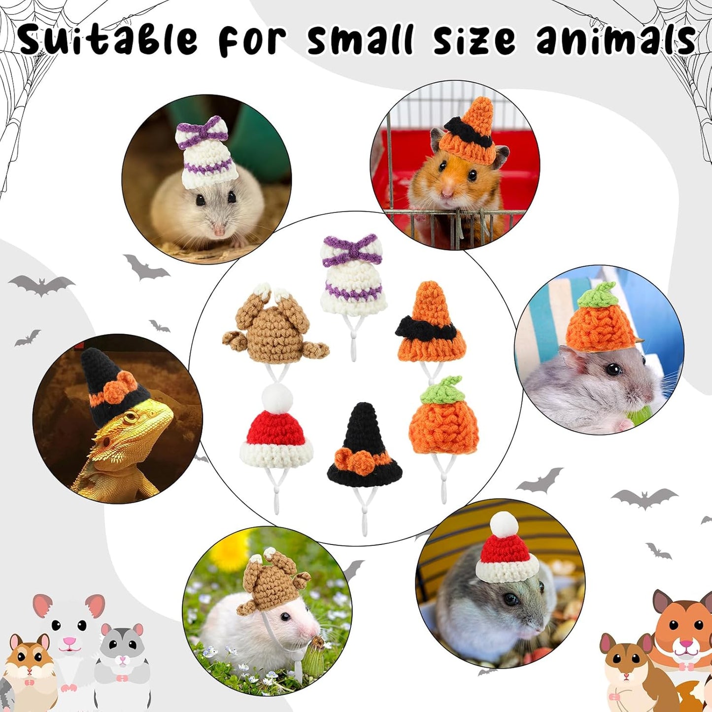 Kajaia 10 Pcs Hamster Hat Small Animals Cute Tiny Hat Mini Hand Knitted Hats for Snakes Pets Bearded Dragon Guinea Pig Bunny Costume Accessories Easter Holiday Parties(Elk Style)