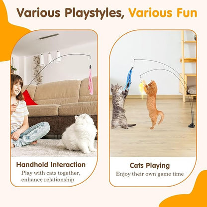 Pawaboo Cat Feather Toys, Interactive Cat Wand Toy with 2-Slot Super Suction Cup, Detachable 2 PCS Spring Cat Wand & 7 PCS Cat Teaser Replacement with Bells, Funny Kitty Toys for Indoor Kittens Play