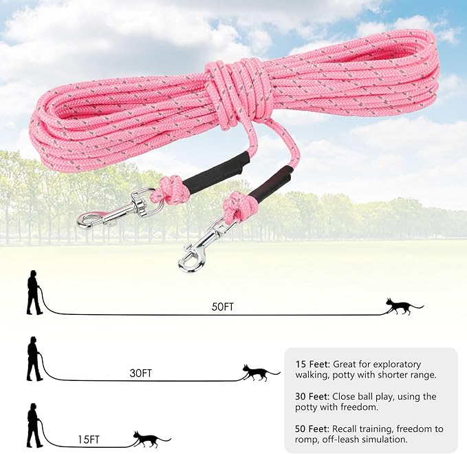 Rypet Reflective Cat Long Leash - 50 FT Escape Proof Walking Leads Yard Long Lead Durable Safe Personalized Extender Leash Traning Play Outdoor for Kitten, Puppy, Rabbit and Small Animals(Pink-L)