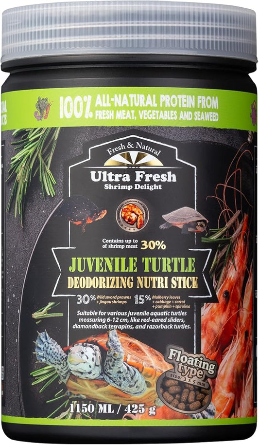 Ultra Fresh Floating Juvenile Turtle Food, All Natural Ingredients, Wild Sword Prawn, w/Deodorizing Probiotics, Juvenile Turtle Deodorizing Nutri Stick 15 oz