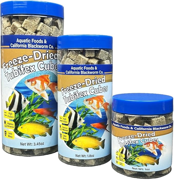 Aquatic Foods Inc. Tubifex Worms, Freeze Dried Tubifex Worm Cubes for Cichlids, Discus, Goldfish, Bettas, Marine Fish, All Tropical Fish, 12-Type Pellet Mix, 4-Type Wafer Mix Included..1.80oz Canister