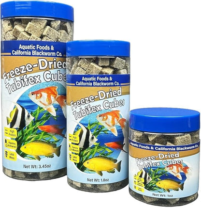 Aquatic Foods Inc. Tubifex Worms, Freeze Dried Tubifex Worm Cubes for Cichlids, Discus, Goldfish, Bettas, Marine Fish, All Tropical Fish, 12-Type Pellet Mix, 4-Type Wafer Mix Included..1.80oz Canister