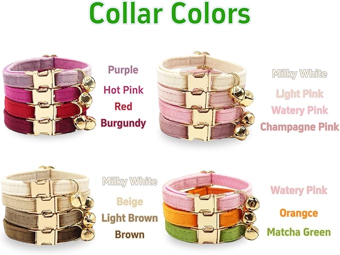 Personalized Colorful Velvet Cat Collar, Optional Bowtie, Custom Engraved Collar for Small Large Cat Kitten (Light Gold Buckle)