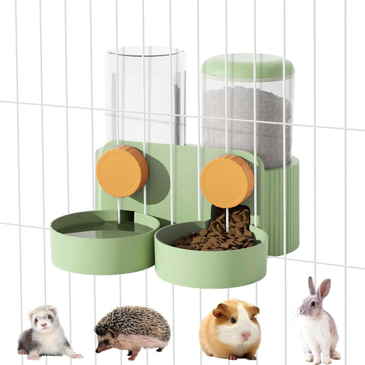 Rabbit Automatic Food Feeder and Water Dispenser Bunny Gravity Feeding Station Waterer Set Hanging Self-Dispensing Feeder for Ferret,Guinea Pigs Chinchillas Hedgehog (Green)