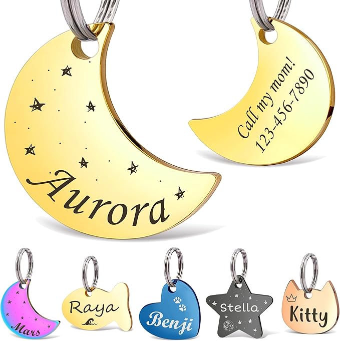 Anavia Small Size Dog Cat ID Tags, Small/XS Personalized Color Plated Stainless Steel Puppy Kitten Name Tags, Customized Engraved Nameplate Pet Collar Tag (Gold, Moon)