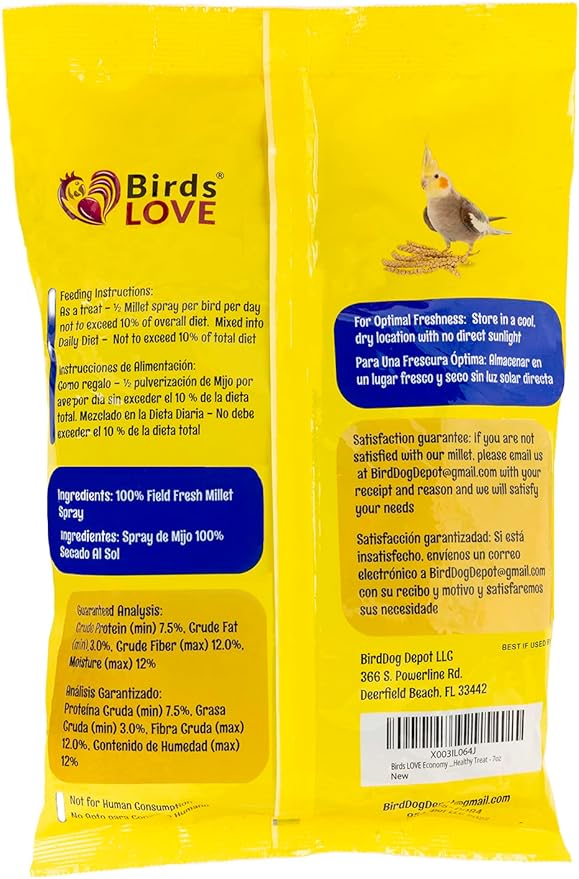 Birds LOVE Economy Special Spray Millet | GMO-Free (No Stems Only Edible Tops) for Birds Cockatiel, Lovebird, Parakeet, Finch, Canary All Parrots Healthy Treat 7 oz -Pack of 2