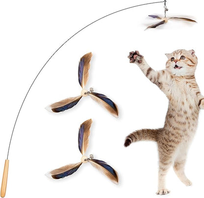 JXFUKAL Cat Wand Toys, Interactive Cat Toys with 3 Feather Refills, 29'' Flexible Steel Wire, Sturdy Wood Handle & Bell for Kitty Kitten, Cat Toys for Indoor Cats Teaser Cat String Toy