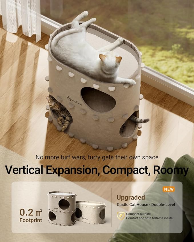 DownyPaws Cat House for Indoor Cats, 2-Storey Foldable Cat Bed Cave, Felt Cats Tunnel Bed Condo, Castle Kitten Cube Hideaway for Multicats, Scratch Resistant, Cream