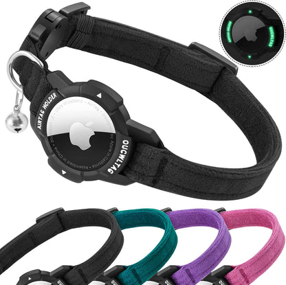Luminous AirTag Cat Collar Breakaway, OUCWLTAG GPS Cat Collar with Apple Air Tag Holder, Cat Tracker Collars with Safety Elastic Band for Girl Boy Cats, Kittens and Puppies (Black, 7-10 Inch)