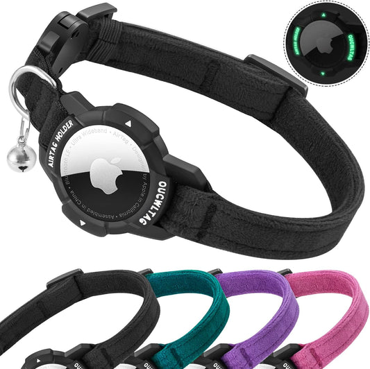 Luminous AirTag Cat Collar Breakaway, OUCWLTAG GPS Cat Collar with Apple Air Tag Holder, Cat Tracker Collars with Safety Elastic Band for Girl Boy Cats, Kittens and Puppies (Black, 7-10 Inch)