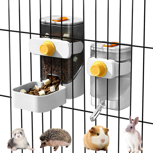 Rabbit Automatic Food Feeder and Water Dispenser Bunny Gravity Feeding Station Waterer Set Hanging Self-Dispensing Feeder for Ferret,Guinea Pigs Chinchillas Hedgehog (White)