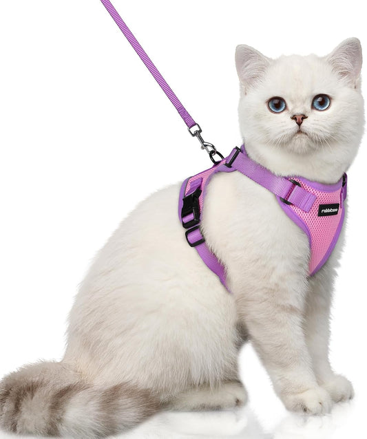 rabbitgoo Cat Harness and Leash Set, Escape Proof Soft Adjustable Vest Harnesses for Outdoor Walking, Easy Control Breathable Kitten Jacket with Reflective Strips, Pink & Purple, XS