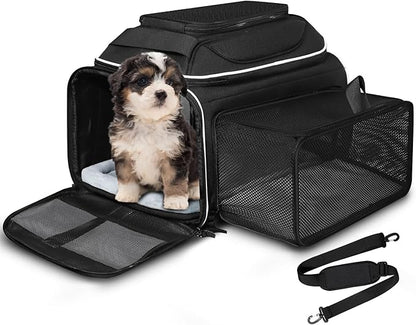 Petskd Top and Side Expandable Pet Carrier 18x11x11 Inches Delta United Airline Approved, Soft-Sided Carrier for Small Cats and Dogs with Locking Safety Zippers and Anti-Scratch Mesh(Black)