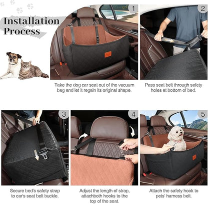 Dog Car Seat for Medium & Large Dogs Up to 55lbs, Memory Foam Cushion, Washable Cover, Safety Straps & Non-Slip Bottom(Black/Brown,Large)