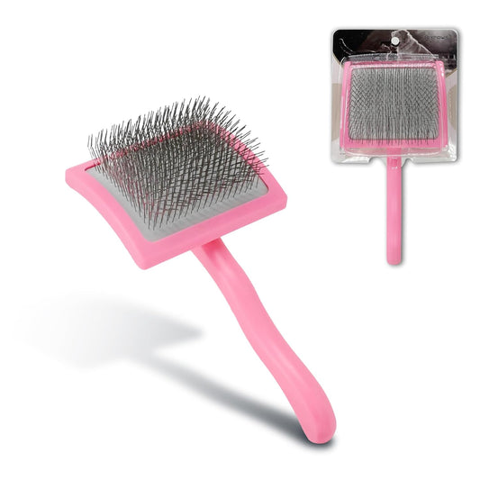 Pet Slicker Brush for Long & Short Hair - Detangling Tool for Dogs & Cats - 135° Angled Stainless Steel Pins, Curved Handle - Gentle Grooming for Small/Medium/Large Breeds (Pink)
