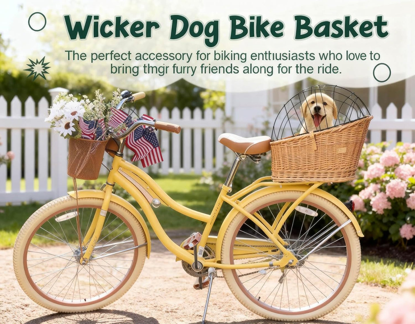 Dog Bike Basket Pet Carrier Bicycle Dog Carrier | Natural Wicker Attachment with Protective Grille,Easy to Install Comfort Cotton Cushion,Mounting Bracket for Secure Bicycle Rear Luggage Rack