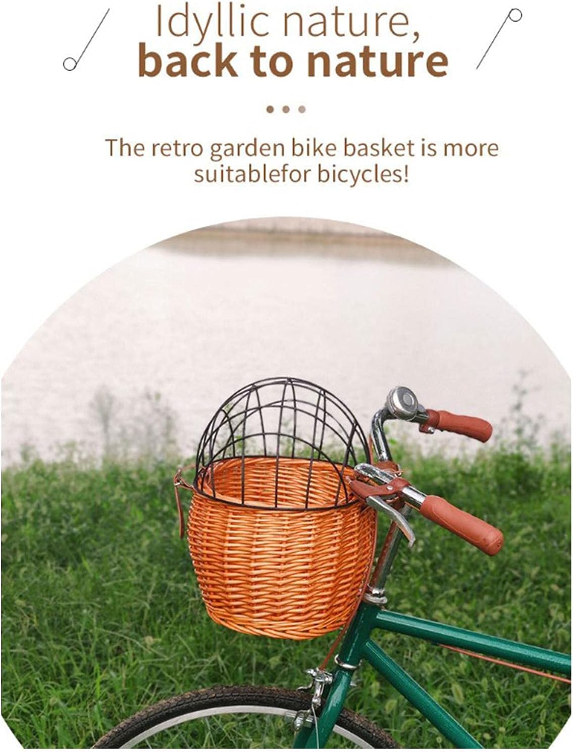 Wicker Bike Basket for Small Dogs Cats Pet Carrier Front Basket with Wire Mesh Cover (Honey Color)
