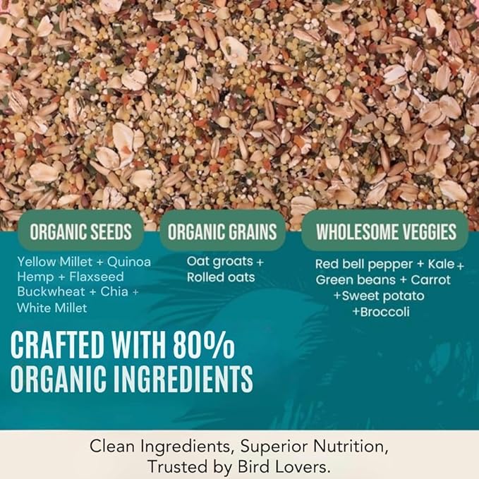 80% Organic Parakeet Food - No Fillers, Fatty Seeds, or Dyes - Budgies, Lovebirds & Parrotlets - Premium Human Grade Seed Mix, Grain & Wholesome Veggies – Made in USA (4 lbs)