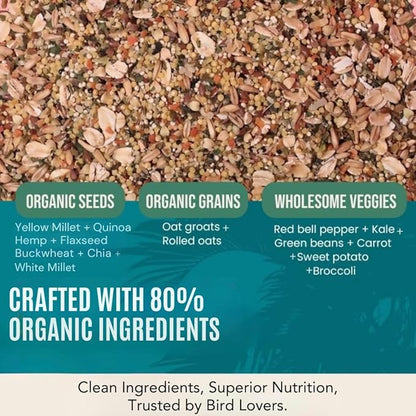 80% Organic Parakeet Food - No Fillers, Fatty Seeds, or Dyes - Budgies, Lovebirds & Parrotlets - Premium Human Grade Seed Mix, Grain & Wholesome Veggies – Made in USA (4 lbs)