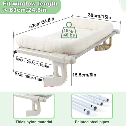 Sunhoo Cat Window Perch Hammock Sturdy Windowsill Bed Seat for Large Cats No Drilling No Suction Adjustable Kitty Shelf with Washable Cover Easy Assembly Holds up to 40 lbs 24.8 * 15 in (White, L)