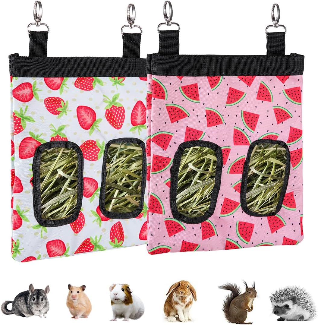DZWLKJ Guinea Pig Hay Feeder, 2 Pack, 11 x 9 x 1 Inches, Rabbit Hay Feeder Bag, Stainless Steel, 600D Oxford, Watermelon and Strawberry