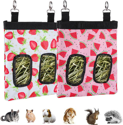 DZWLKJ Guinea Pig Hay Feeder, 2 Pack, 11 x 9 x 1 Inches, Rabbit Hay Feeder Bag, Stainless Steel, 600D Oxford, Watermelon and Strawberry