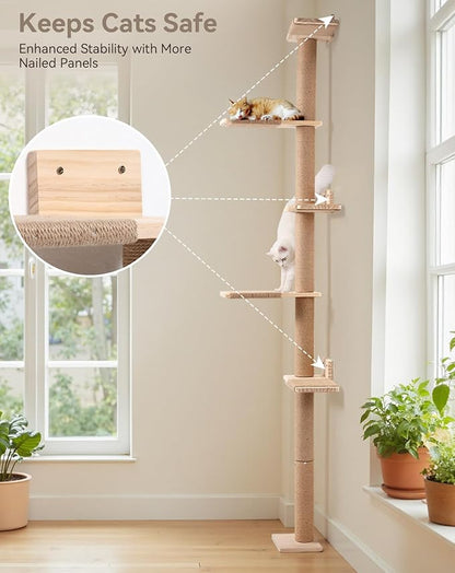 PawGiant Tall Cat Tree for Wall 83.9inch, Wood Cat Wall Shelves for Kittens, Wall-Mounted Cat Tower with Scratching Post for Play, Climb & Scratching, 5 Tier Platforms